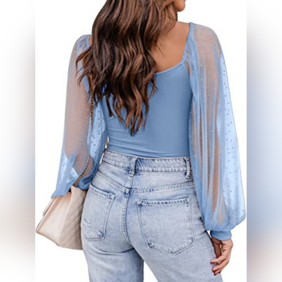 Polka Dot Square Neck Lantern Sleeve Blouse - Picture 2 of 4